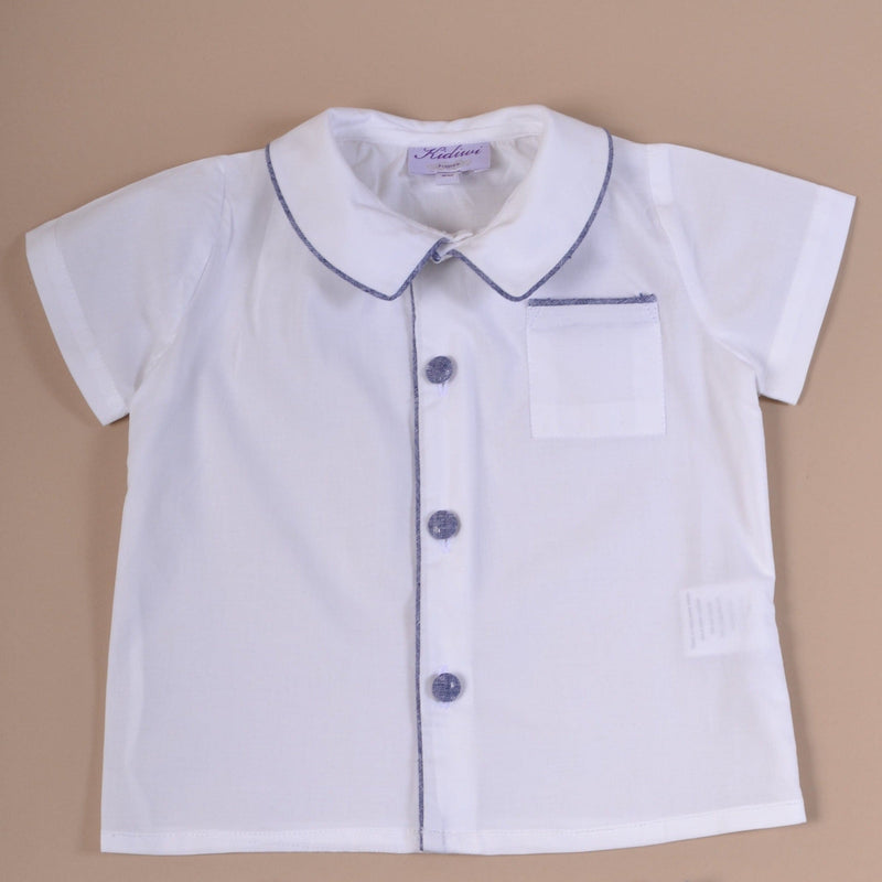 Chemise blanche garçon, passepoilé en lin moucheté marine