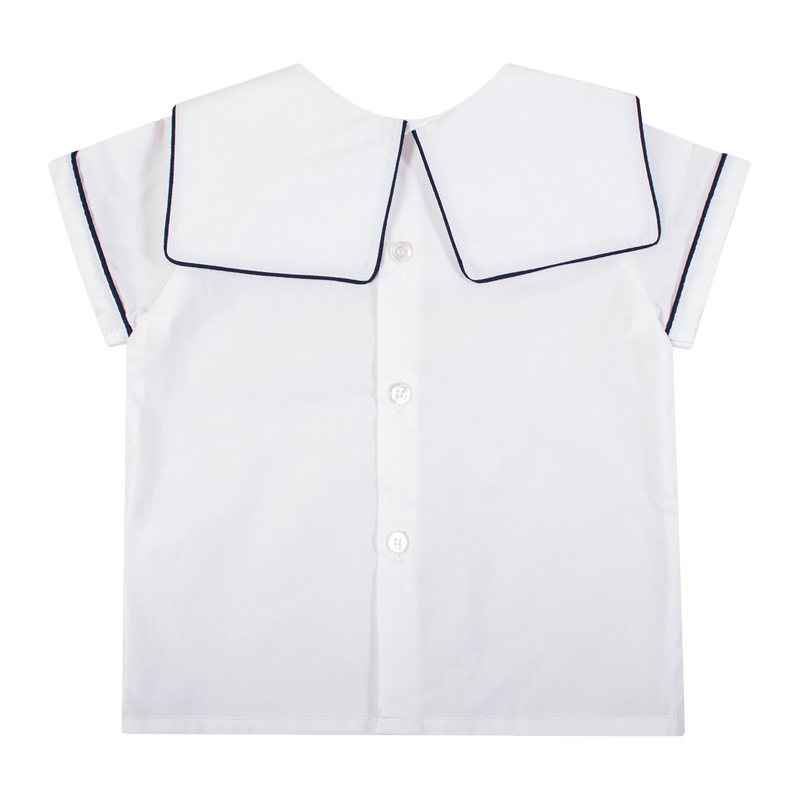 Chemise col bateau carré brodé main, popeline blanche et passepoil marine