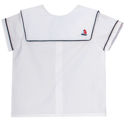 Chemise col bateau carré brodé main, popeline blanche et passepoil marine