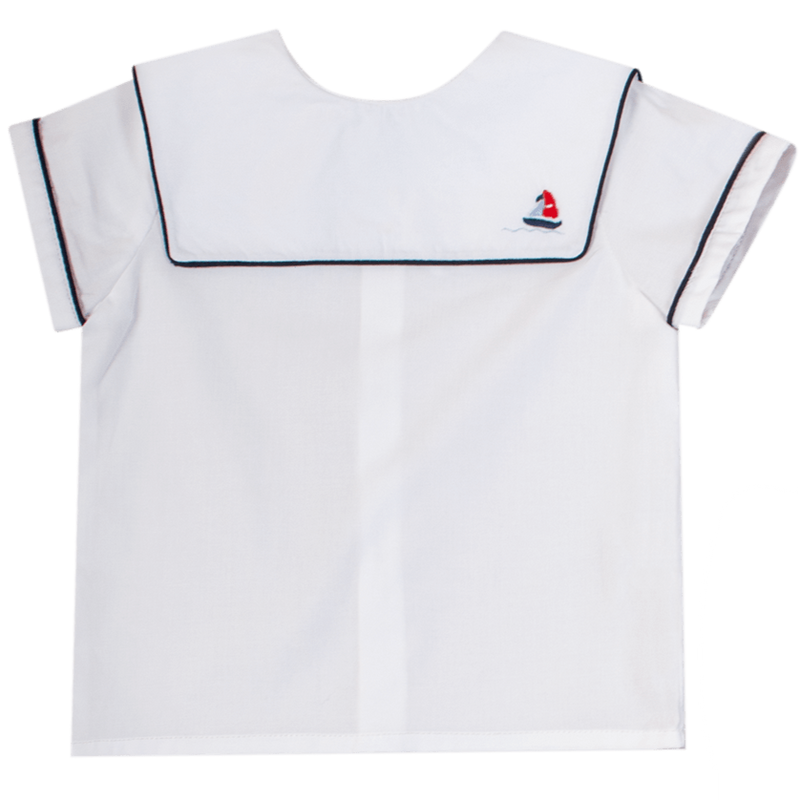 Chemise col bateau carré brodé main, popeline blanche et passepoil marine