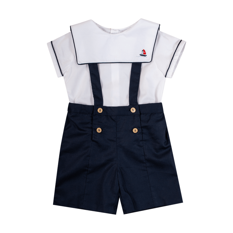Chemise col bateau carré brodé main, popeline blanche et passepoil marine