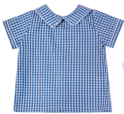 Chemise manches courtes en vichy bleu denim, col mac milan, passepoil blanc