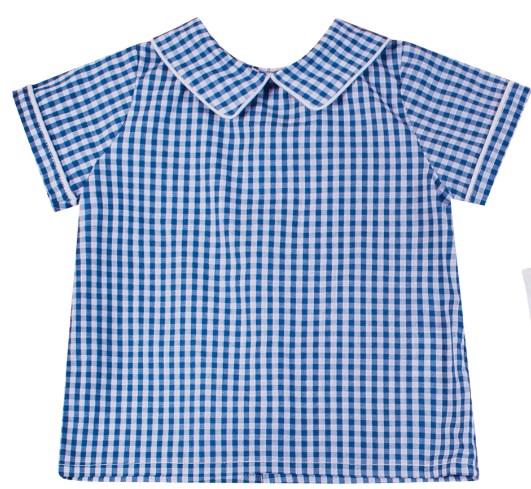 Chemise manches courtes en vichy bleu denim, col mac milan, passepoil blanc