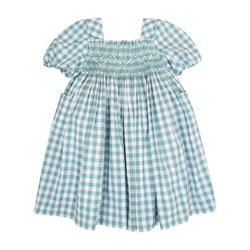 Crocuséa,robe manches courtes bouffantes, encolure carrée et taille smockée, en vichy 10mm vert thym-dress with short puffed sleeves, square neckline and smocked waist, in thyme green 10mm gingham