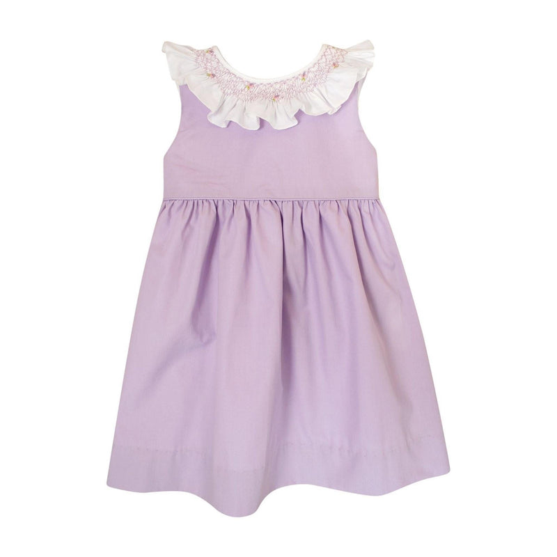 Gaura, robe sans manche, col volanté et smocké en popeline blanche, robe en popeline lilas