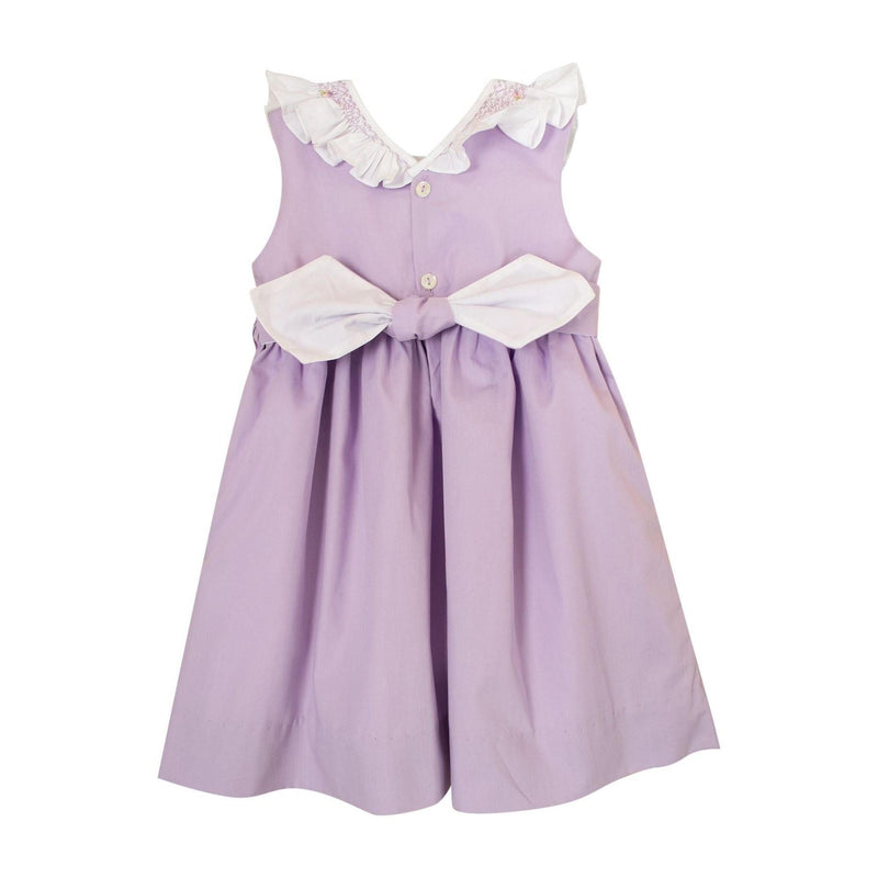 Gaura, robe sans manche, col volanté et smocké en popeline blanche, robe en popeline lilas