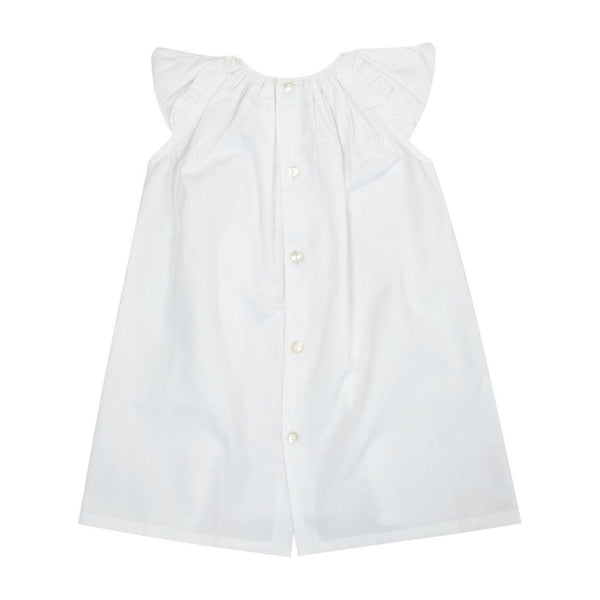 Glaïeul, blouse blanche à manches papillons, col rond entièrement smocké, ouverture dans le dos, en piqué de coton blanc - white dress with butterfly sleeves, fully smocked round neck, opening in the back, in white cotton piqué