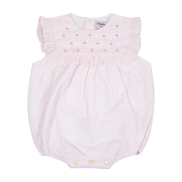 Horsia, Girl's sleeveless romper, embroidered and ruffled pleated bib front and back, opening at the bottom with 3 press studs, in baby pink plumetis
