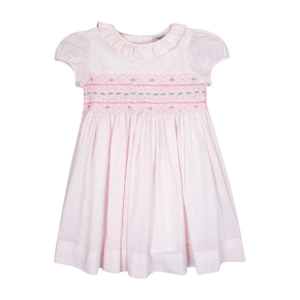 Hortensia, robe manches ballons, triple col et taille smockée, en plumetis baby rose - balloon-sleeved dress, triple collar and smocked waist, in baby pink  plumetis