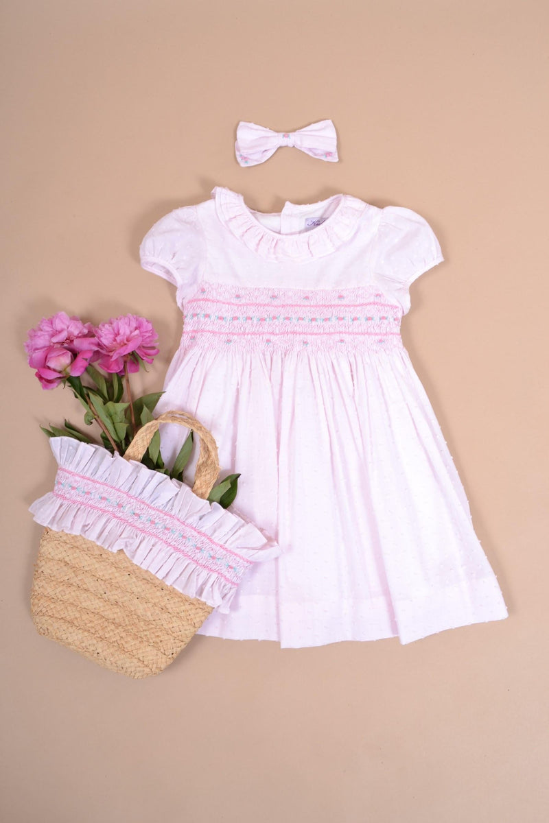 Hortensia, robe manches ballons, triple col et taille smockée, en plumetis baby rose - balloon-sleeved dress, triple collar and smocked waist, in baby pink  plumetis