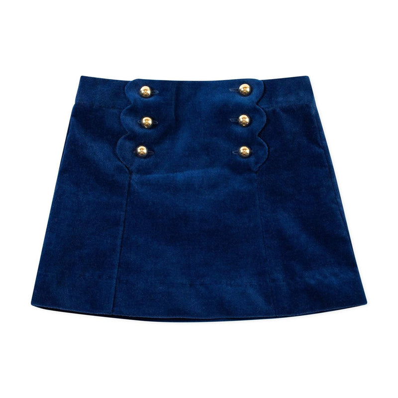 Jupe boutonnières festonnées en velours indigo