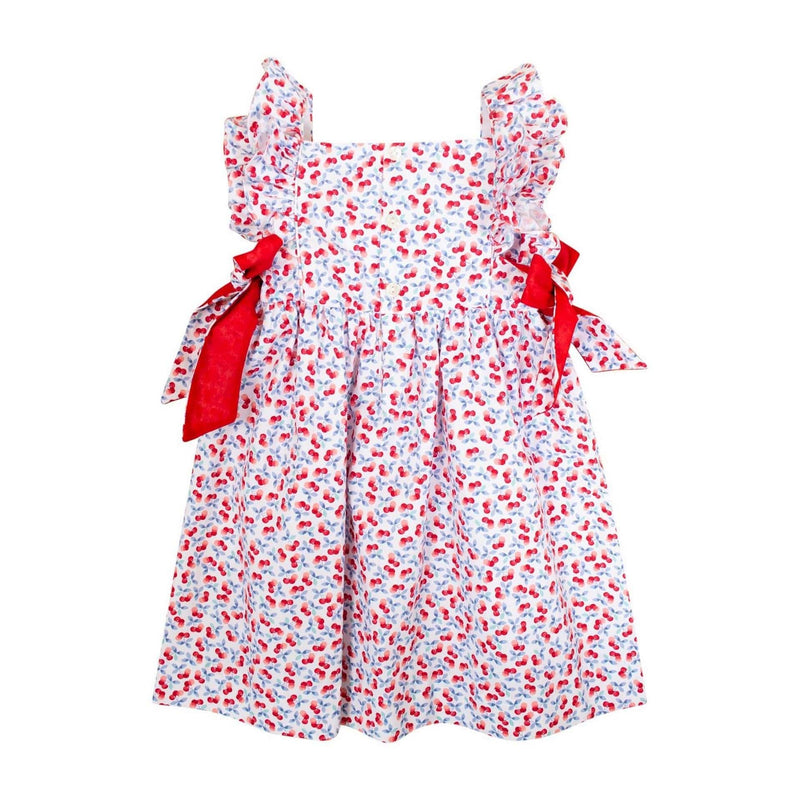 Kalanchoé, robe manches volants, encolure carrée, nœuds contrastés sur les côtés, en imprimé cerises bleues et rouges
