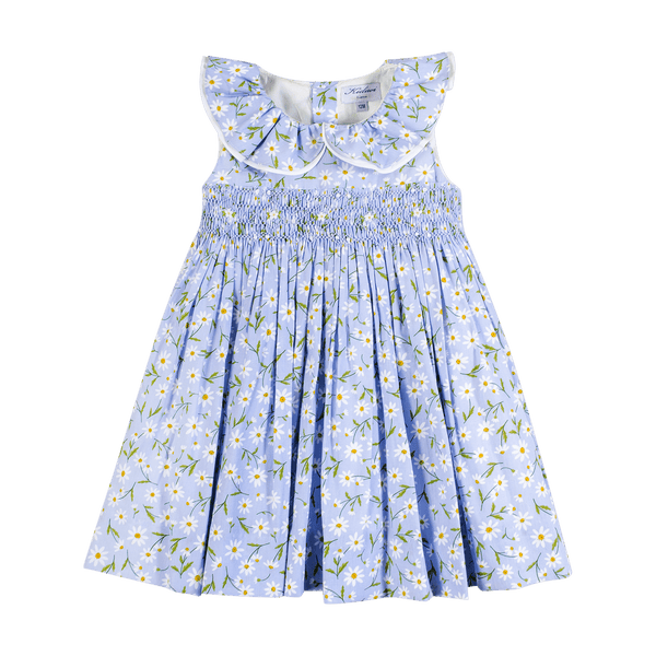 Ludivine, Robe double col volants imprimé bleu paquerettes BIO- DISPONIBLE EN 7A