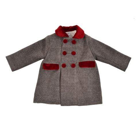 Manteau en laine grise foncée et détails en velours bordeaux