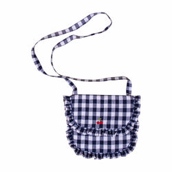 Mimosa, Sac bandoulière brodé, à petits volants smockés, Vichy marine 10mm (19x16cm) - Small cross bag with handsmocked and embroidered ruffles, navy gingham 10mm (19x16cm)