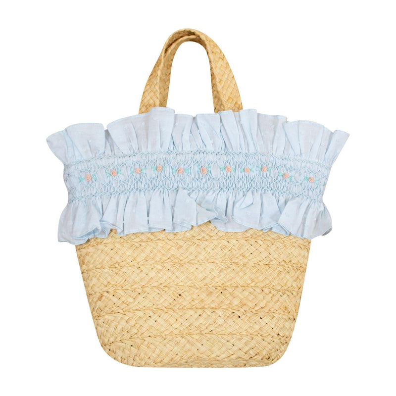 Penelope, Sac en raphia avec volants smockés, en plumetis bleu - raffia bag with  handsmocked ruffles, in  blue plumetis