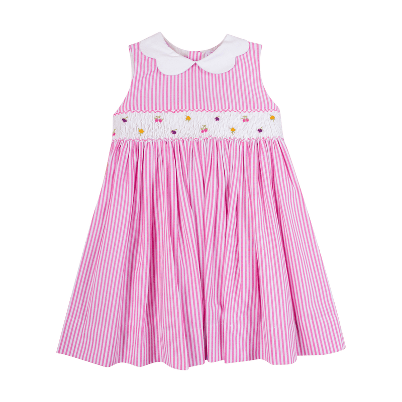 Robe à smocks Rayé fushia, col feston - disponible en 12M et 2A