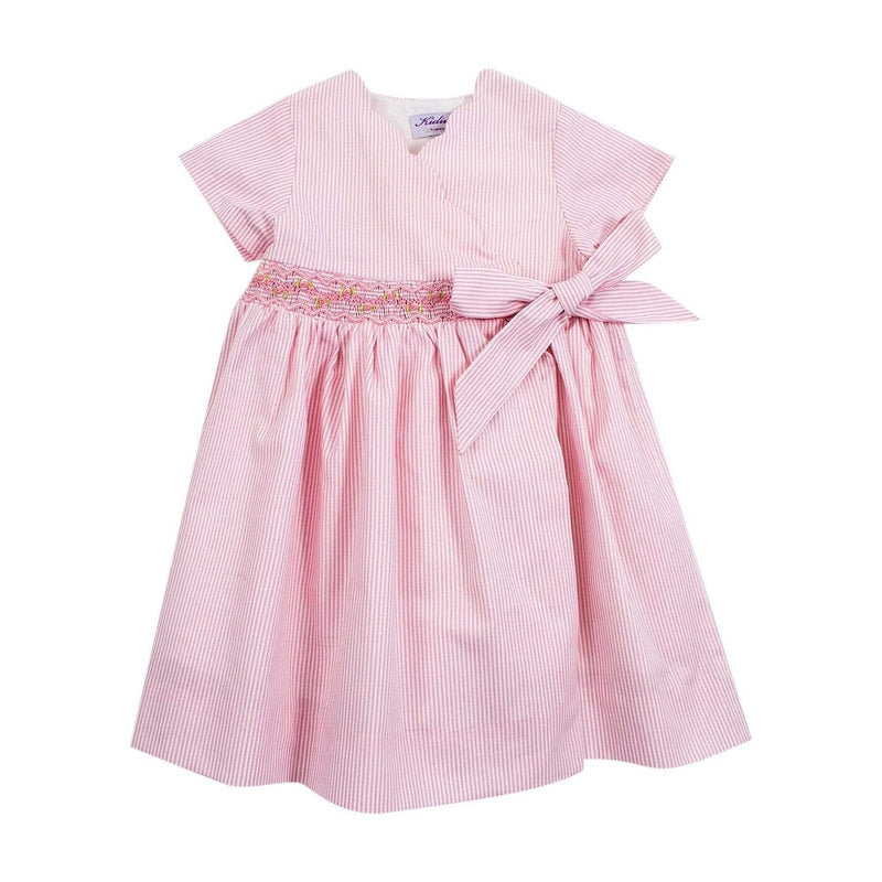 Robe à smocks rayée rose avec un maxi nœud