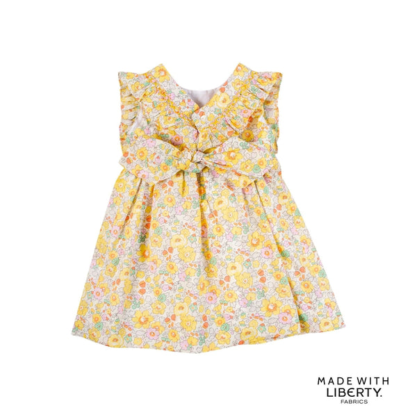 Robe à volants smockés, dos V, Liberty Betsy soleil rose