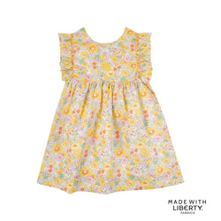 Robe à volants smockés, dos V, Liberty Betsy soleil rose