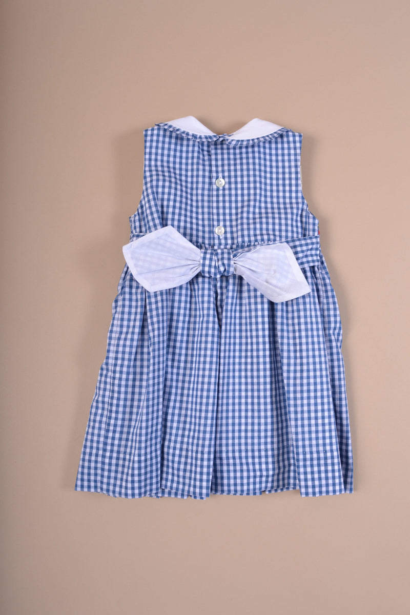 Robe cache cœur en vichy bleu denim, col et buste à volants