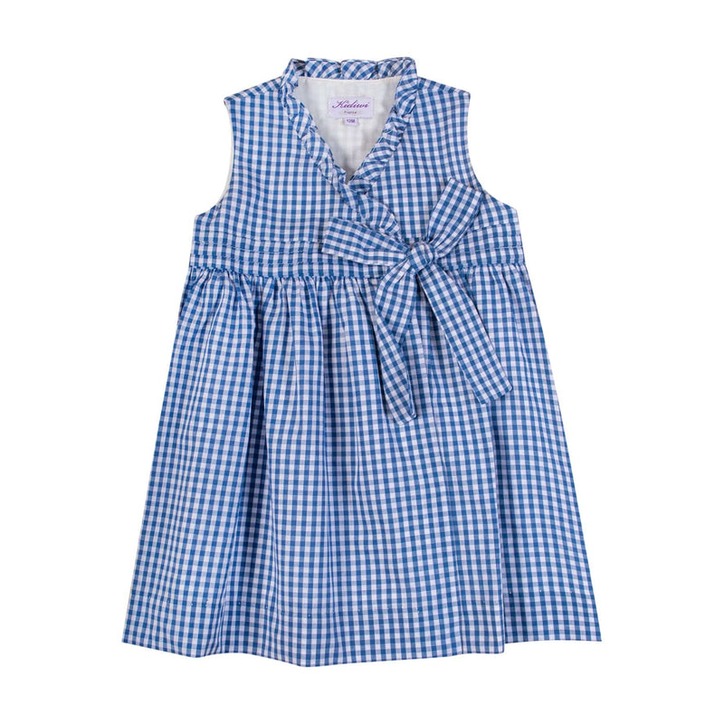 Robe cache cœur en vichy bleu denim, col et buste à volants