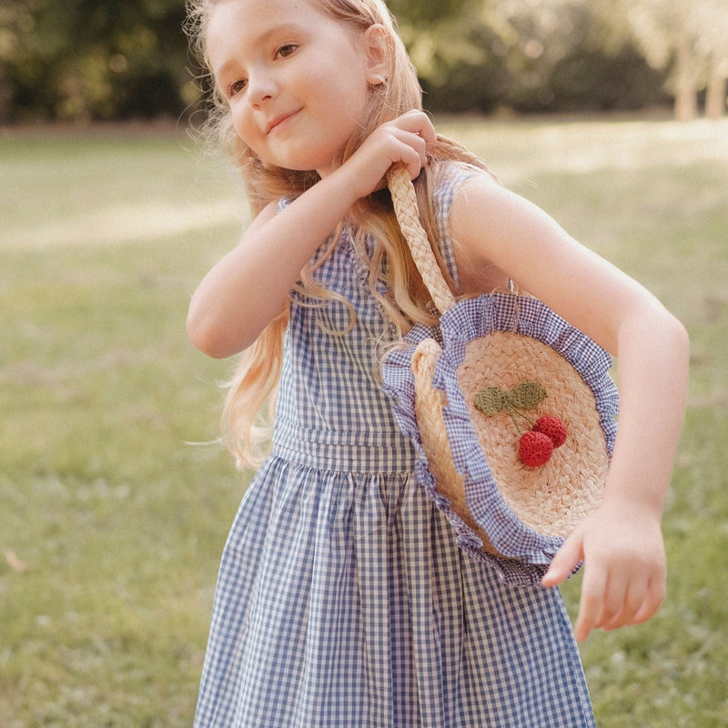 Robe cache cœur en vichy bleu denim, col et buste à volants