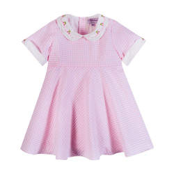 Robe cloche en sursucker rose, double col feston brodé de cerises