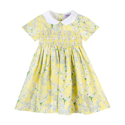 Robe smockée à imprimé jaune et bleu