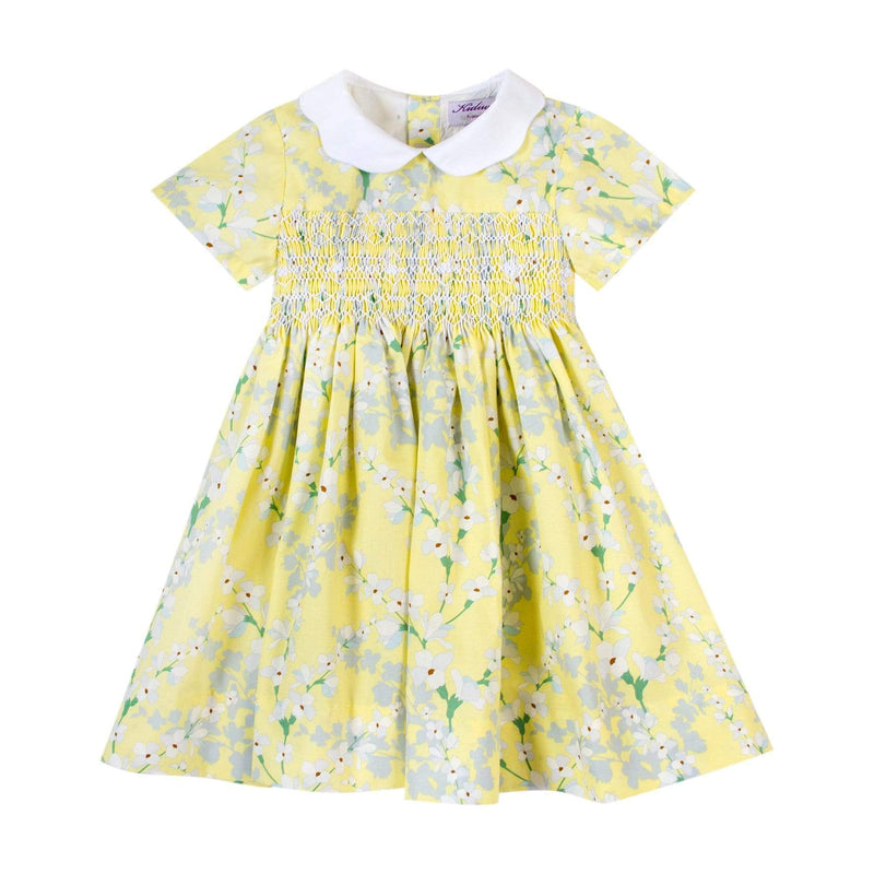 Robe smockée à imprimé jaune et bleu