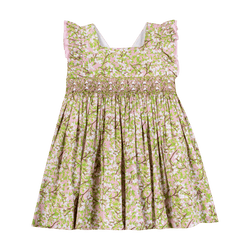 Robe smockée à la taille, volants côté, dos V, Imprimé rose fleurs de cotons