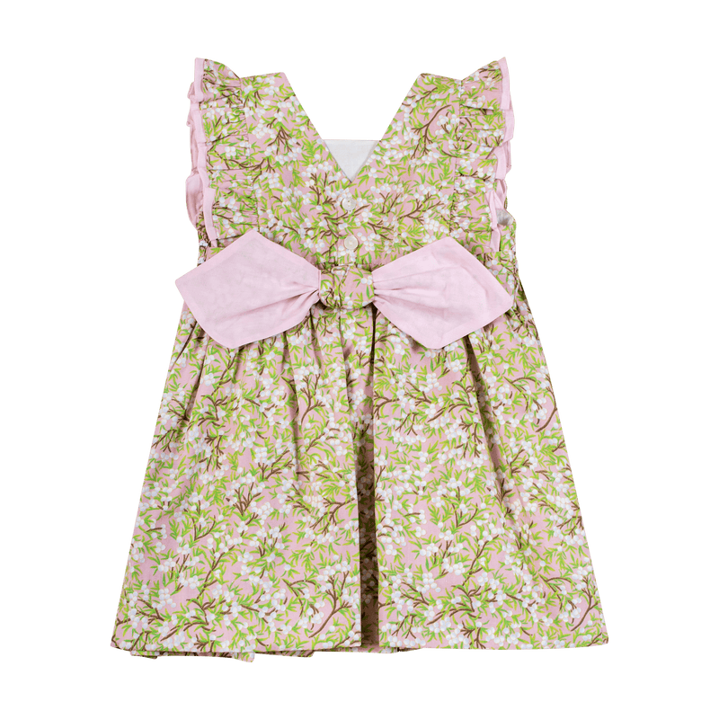 Robe smockée à la taille, volants côté, dos V, Imprimé rose fleurs de cotons