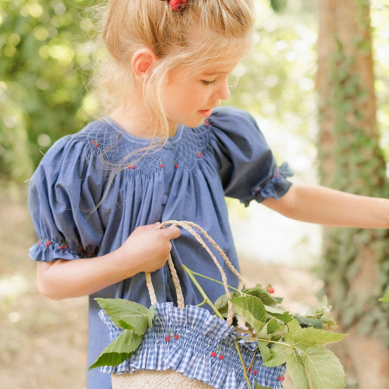 Robe smockée au col et aux manches, ouvert devant, Fil à fil denim