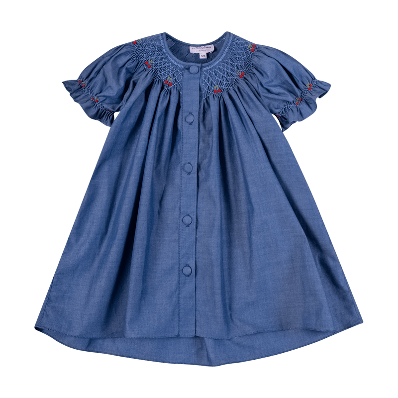 Robe smockée au col et aux manches, ouvert devant, Fil à fil denim