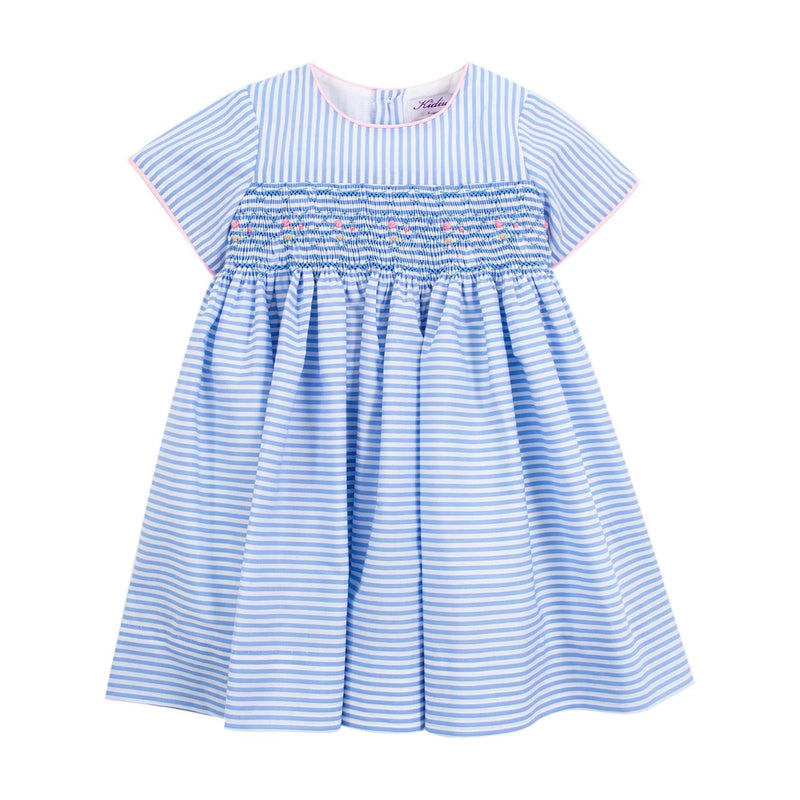 Robe smockée rayées bleu avec passpoil rose