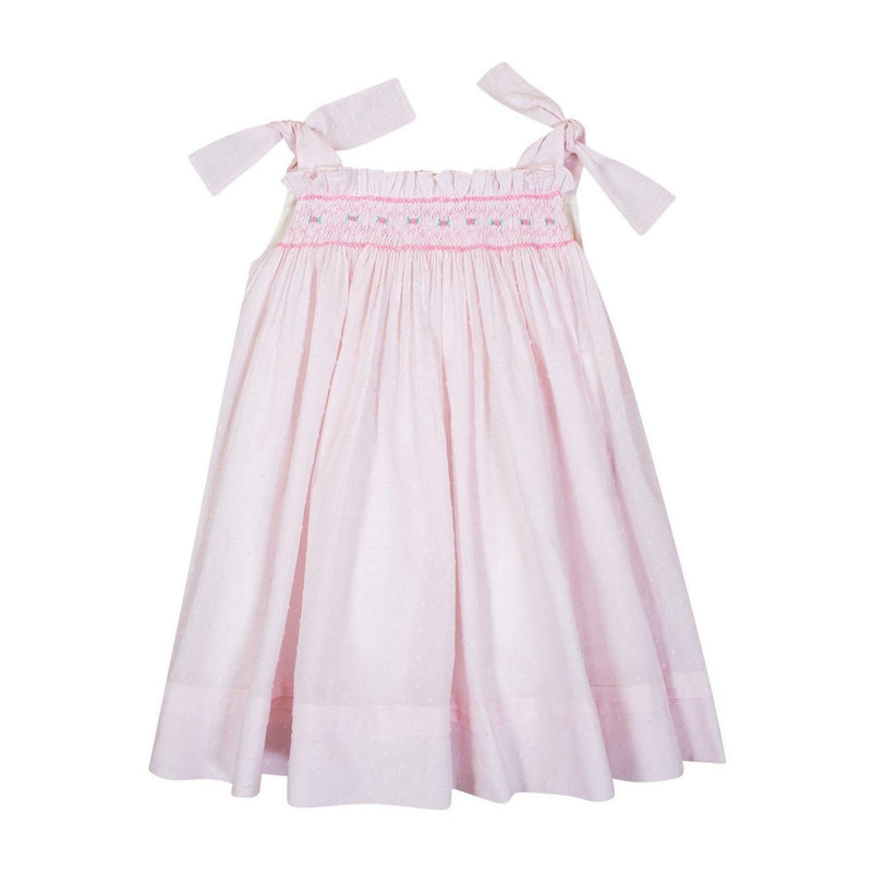 Sarriette, robe à bretelle ajustable noeuds, taille smockée, en plumetis baby rose - dress with adjustable bow straps, smocked waist, in baby pink plumetis