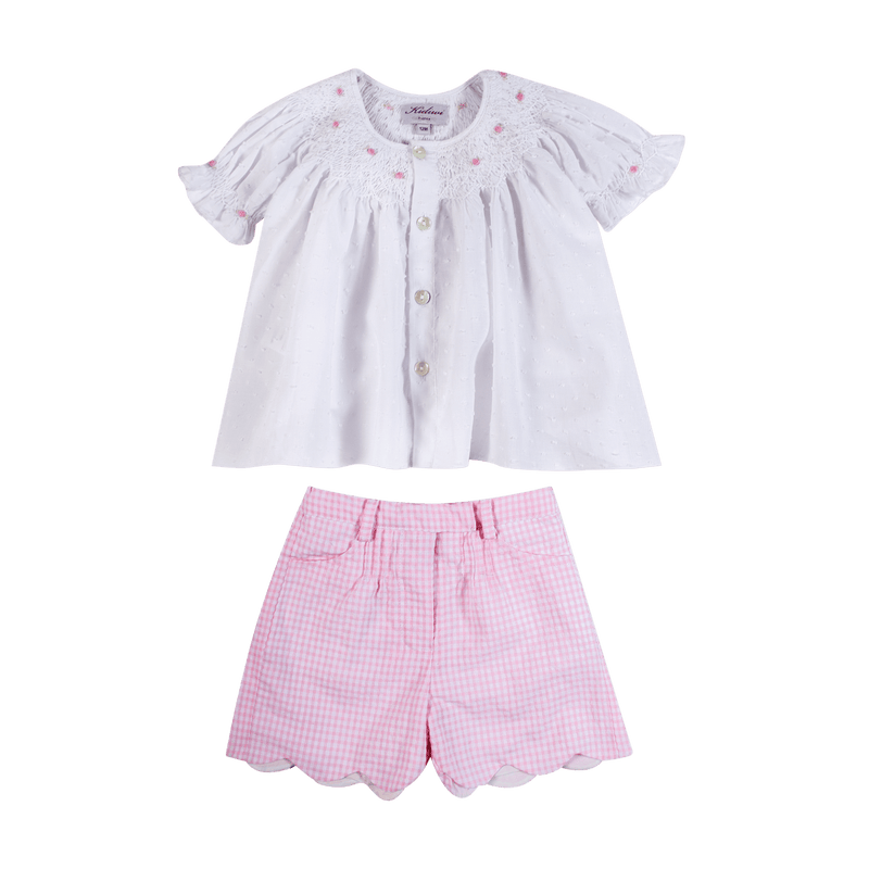 Short à festons, vichy sursucker rose pâle - disponible en 12M et 6A