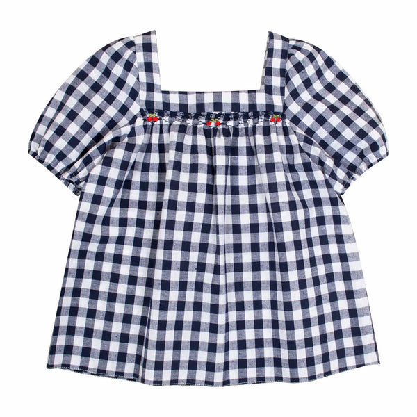 Valériane, blouse fille manches courtes bouffantes, encolure carrée, petit smock, en vichy marine 10mm - Girl's blouse with short puffed sleeves, square neckline, small smock, in navy gingham 10mm