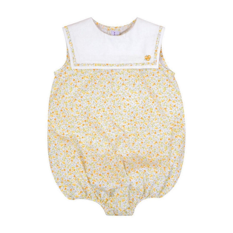 Vipérine, barboteuse bébé sans manche, col plastron blanc passepoilé devant et dos, en imprimé fleurs jaunes